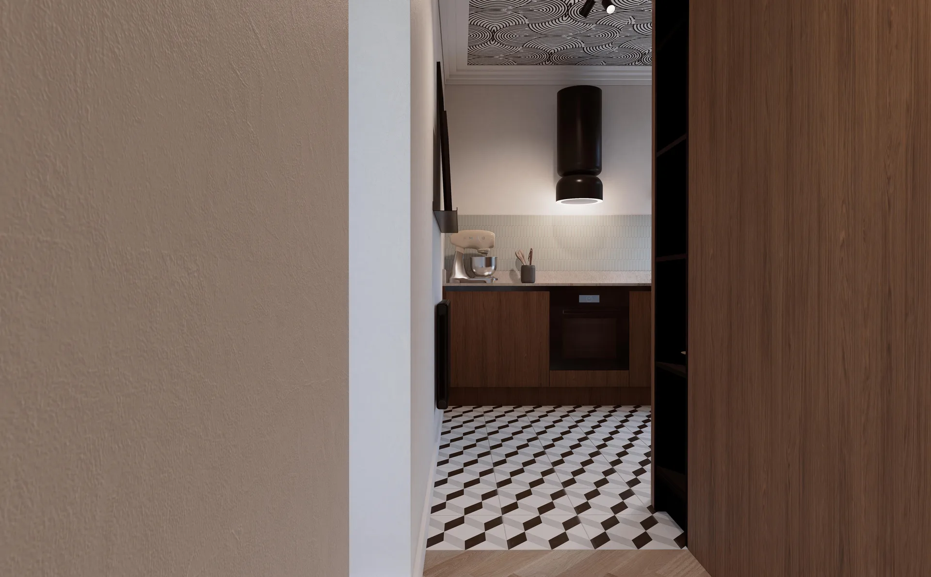 Widok z korytarza na kuchnię z geometryczną czarno-białą posadzką – architekt wnętrz, Łukasz Macuga