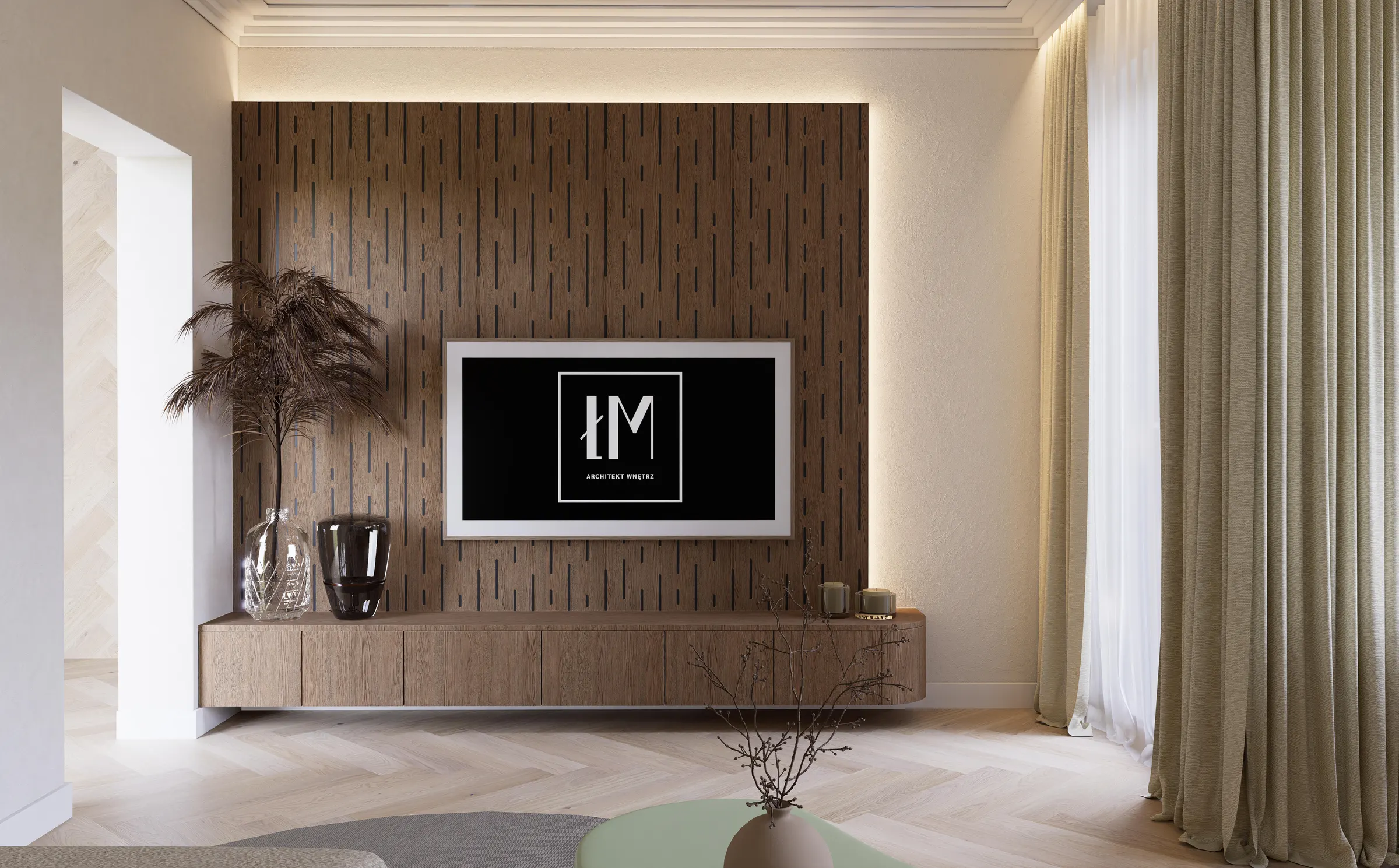 Salon z drewnianym panelem na ścianie – architekt wnętrz Słupsk, Łukasz Macuga
